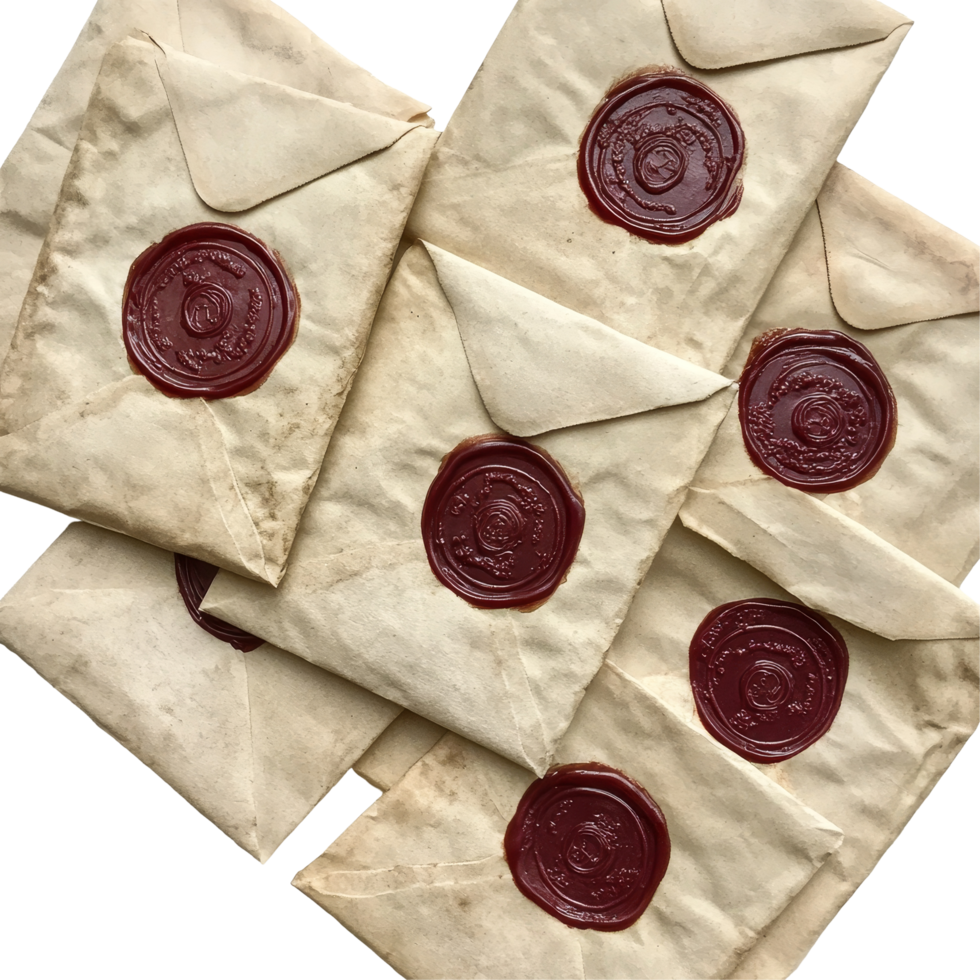 Antique wax sealed envelopes arranged on a transparent background for creative presentation, Antique Wax Sealed Envelopes on transparent background png