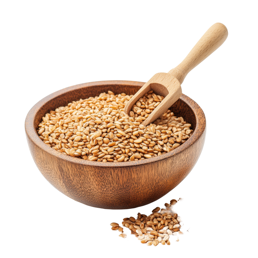 Freshly harvested sesame seeds in a wooden bowl with a scoop against a bright transparent background, Sesame in wood bowl and scoop isolated on transparent background png