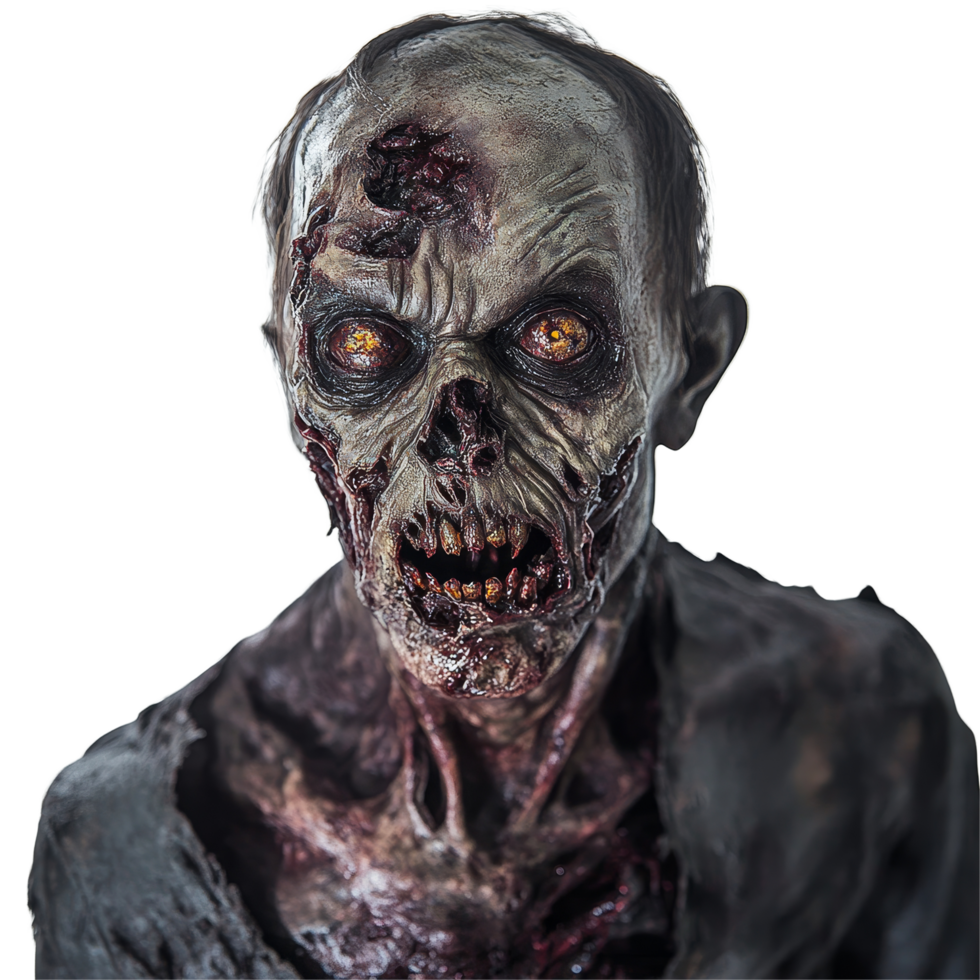 A terrifying zombie creature with decaying features and glowing eyes, haunting a desolate environment, Creepy Zombie Creature Scariest Horror Character On transparent background png