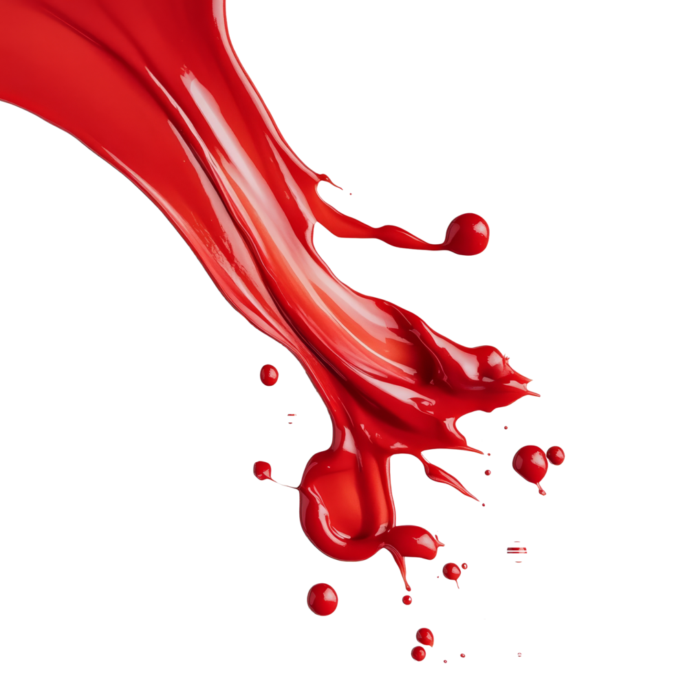 Red paint flows dramatically down a transparent surface, creating artistic patterns and droplets that catch the viewers eye, red liquid drops of paint color flow down on transparent background png