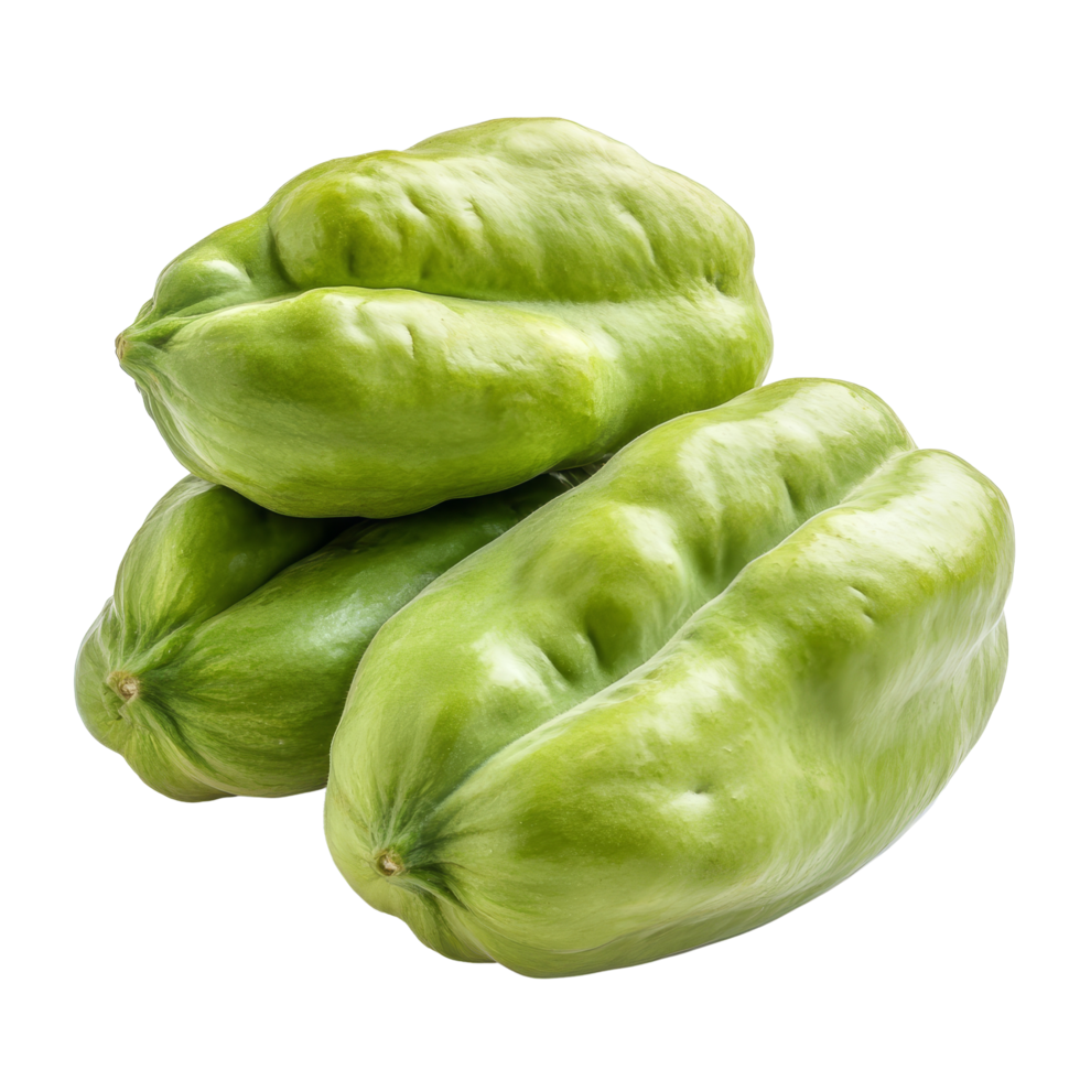 Fresh green chayote fruit stacked atop a transparent background with accents showcasing its unique texture and shape, Chayote on transparent background png