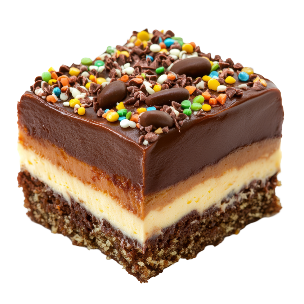 Delicious slice of Texas sheet cake topped with chocolate frosting and colorful sprinkles on a transparent background, texas sheet cake slice isolated on transparent background png