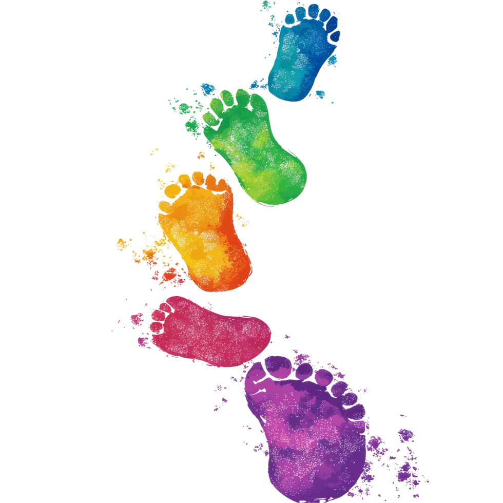 Colorful footprints walking across a transparent background symbolize a journey filled with joy and creativity, colorful footprints walking isolated on transparent background png