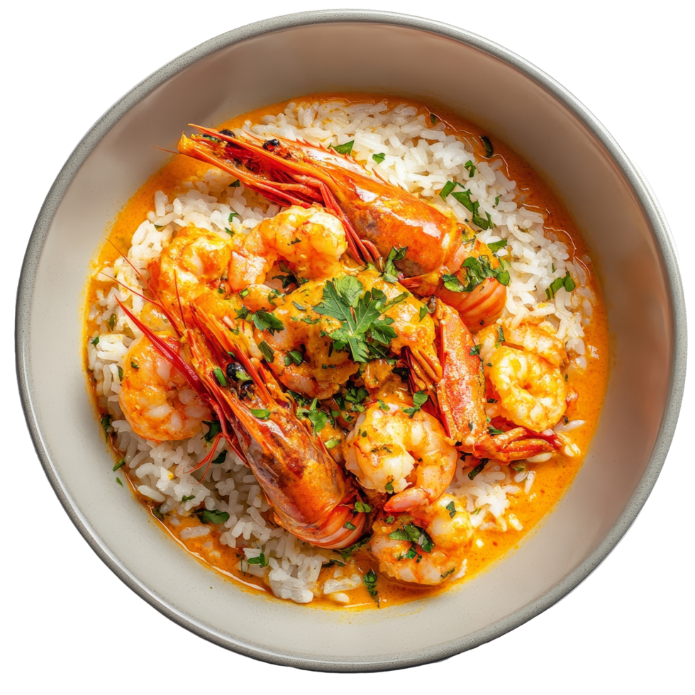 Delicious curry rice topped with fresh langoustines served in an isolated bowl, Isolated bowl of curry rice with langoustines png