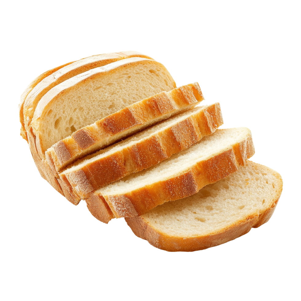 Freshly sliced bread displayed in an appealing arrangement on a clean transparent background for culinary use, Sliced bread isolated png
