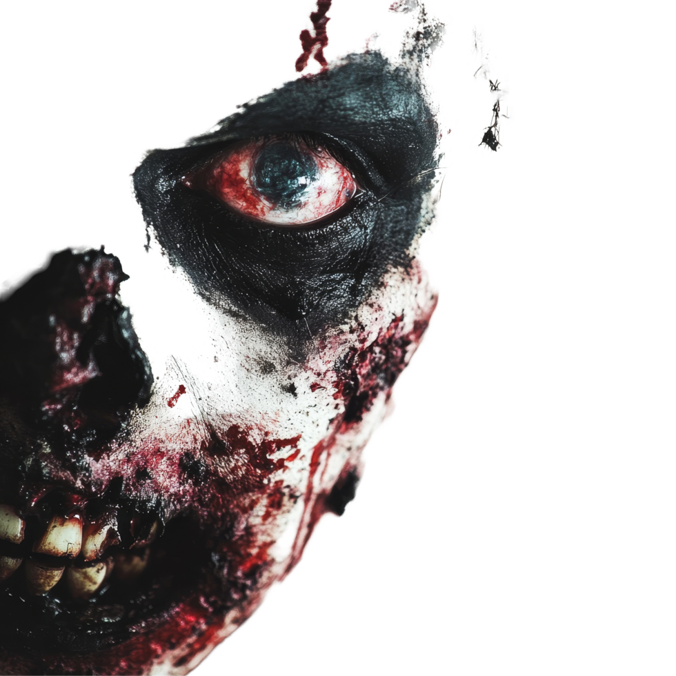 Creepy Halloween horror portrait of a zombie with gruesome details, showcasing unsettling features and a haunting expression, Creepy Halloween Horror Zombie Portrait on transparent background png