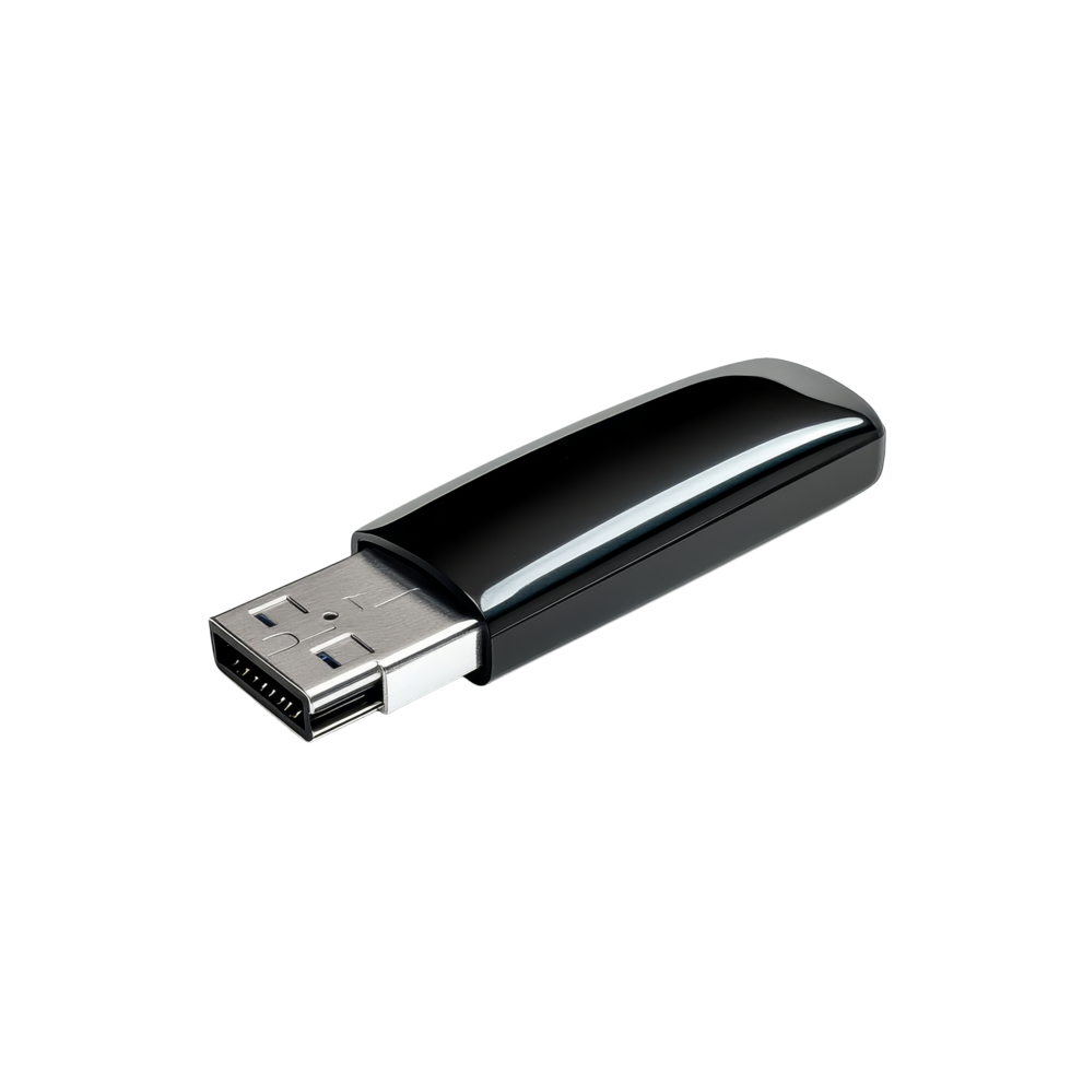 Black and silver USB stick resting on a clean transparent background for data storage, Black and silver USB stick on transparent backgroundfile png