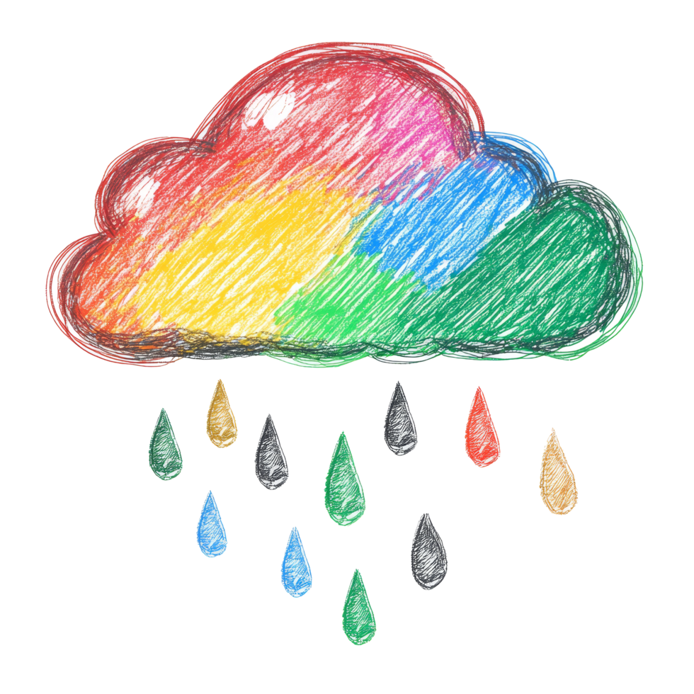 Hand drawn colorful cloud with raindrops in crayon art style, showcasing a playful representation of weather, Icon cloud with raindrops hand draw crayon isolated on transparent background png