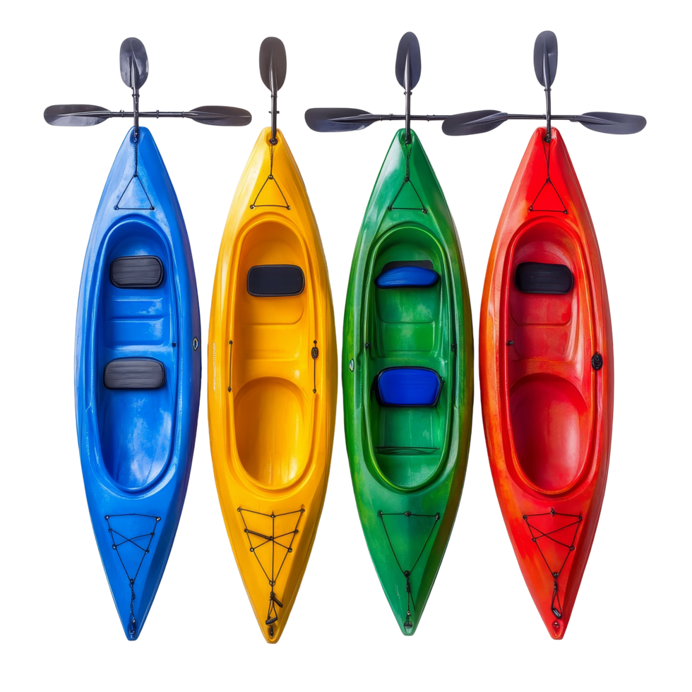 Colorful kayaks with paddles arranged for water activities in a sunny outdoor setting, Kayaks with Paddles, blue, green, yellow and red On transparent background png