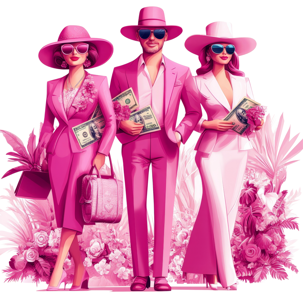 Wealthy pink characters holding money against a vibrant transparent background with floral elements, Pink Wealthy Characters with Money on transparent background png