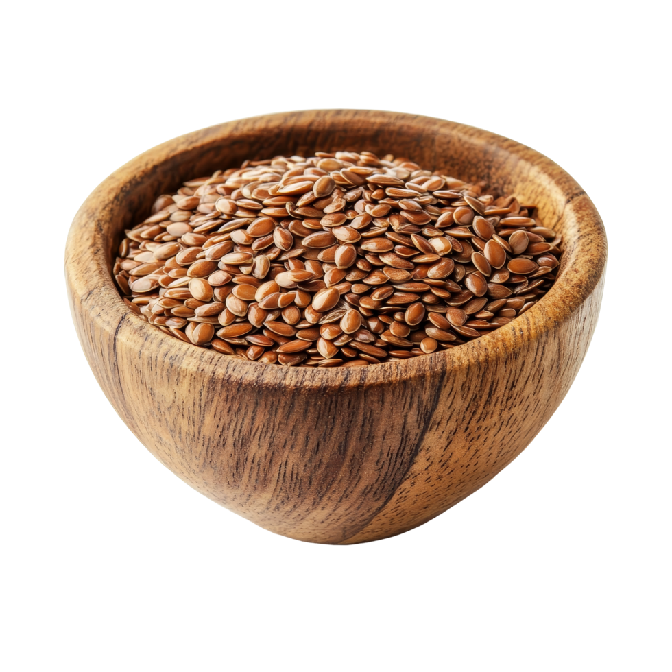 Flax seeds in a wooden bowl on a transparent background for healthy eating and nutrition, flax seeds in wood bowl isolated on transparent background png