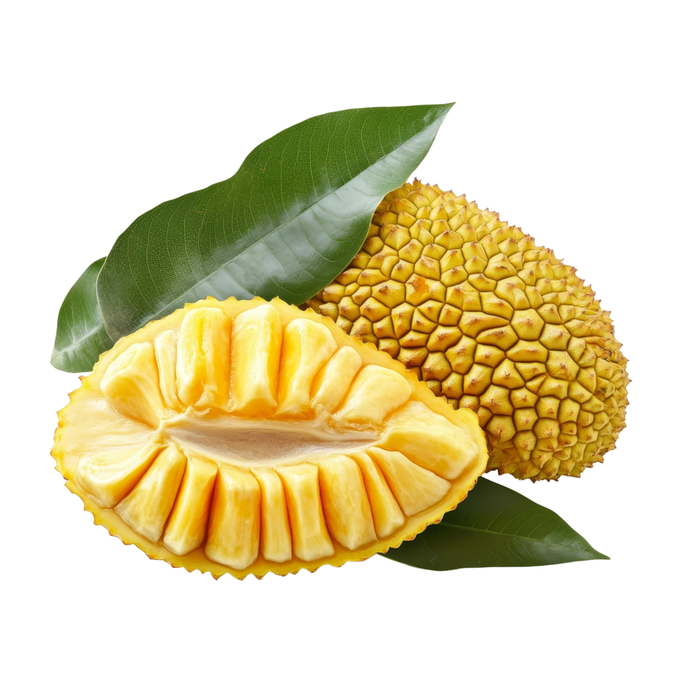 Fresh jackfruit with vibrant green leaves on a pristine transparent background, showcasing its unique texture and color, Jackfruit with leaf isolated on transparent background png