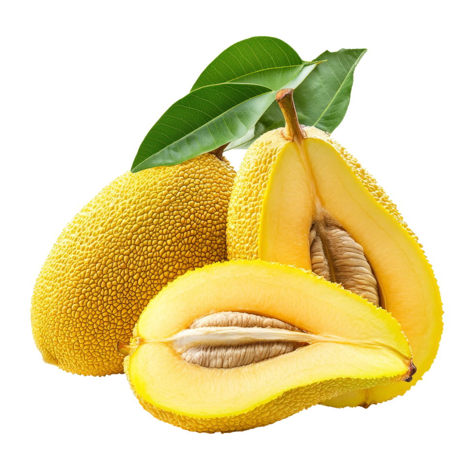 Fresh jackfruits cut in half with a green leaf on a transparent background showcasing their vibrant yellow flesh, jack fruits with leaf on transparent background png