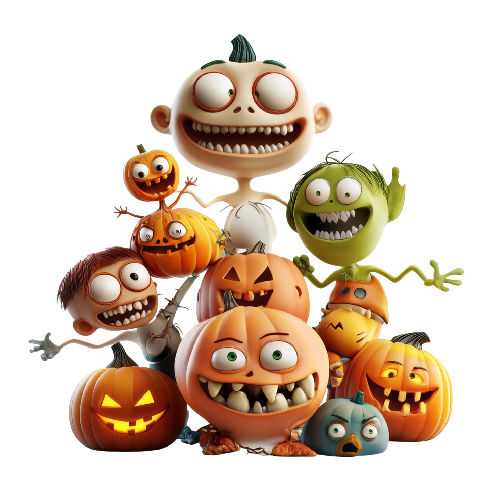 Scary Halloween cartoon characters with pumpkins celebrating Halloween on a transparent background, 3D Halloween scary cartoon characters on transparent background png