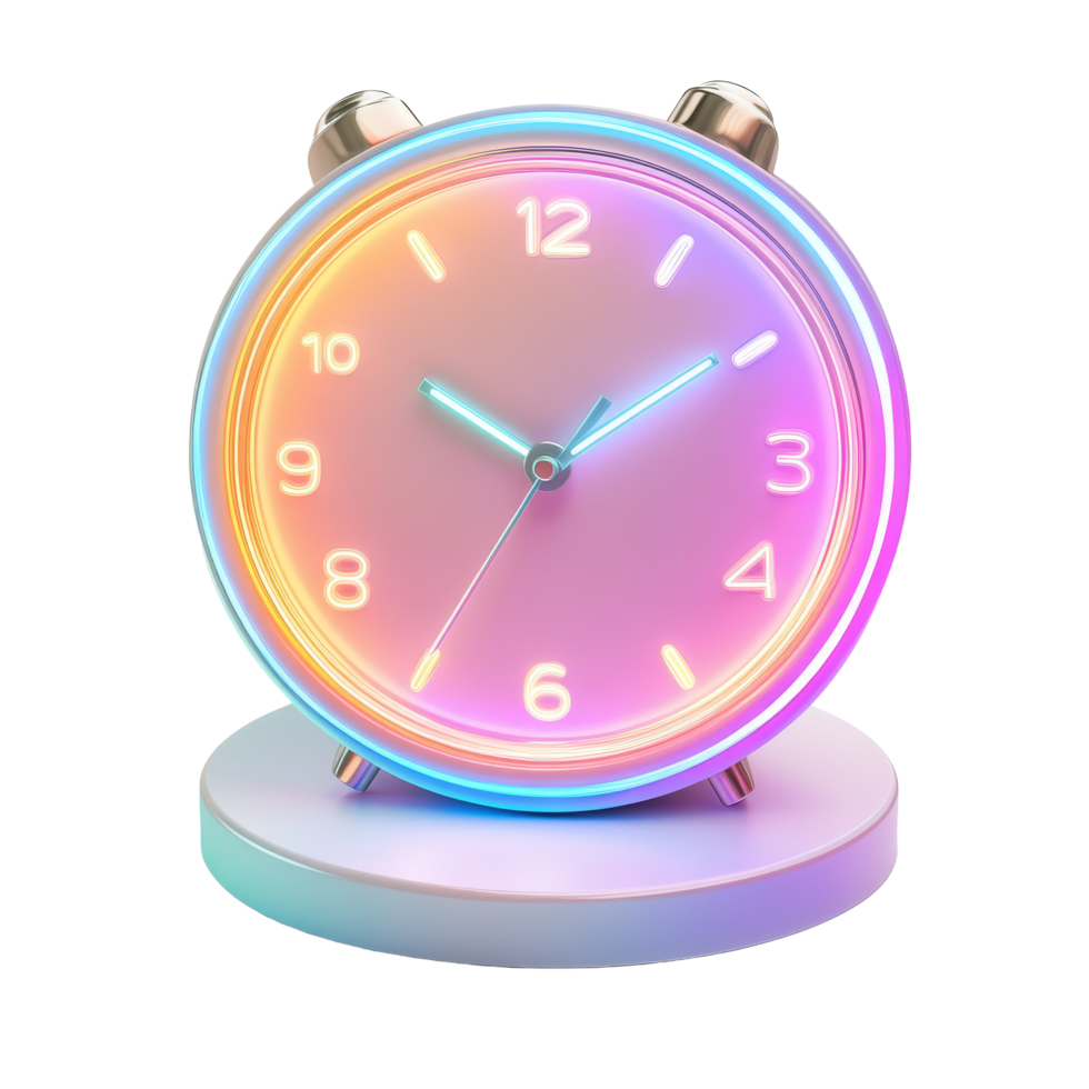 Stylish desk clock with vibrant neon lighting displaying the time in a modern workspace at night, fashionable desk clock with neon lighting, file of isolated object with shadow on transparent png