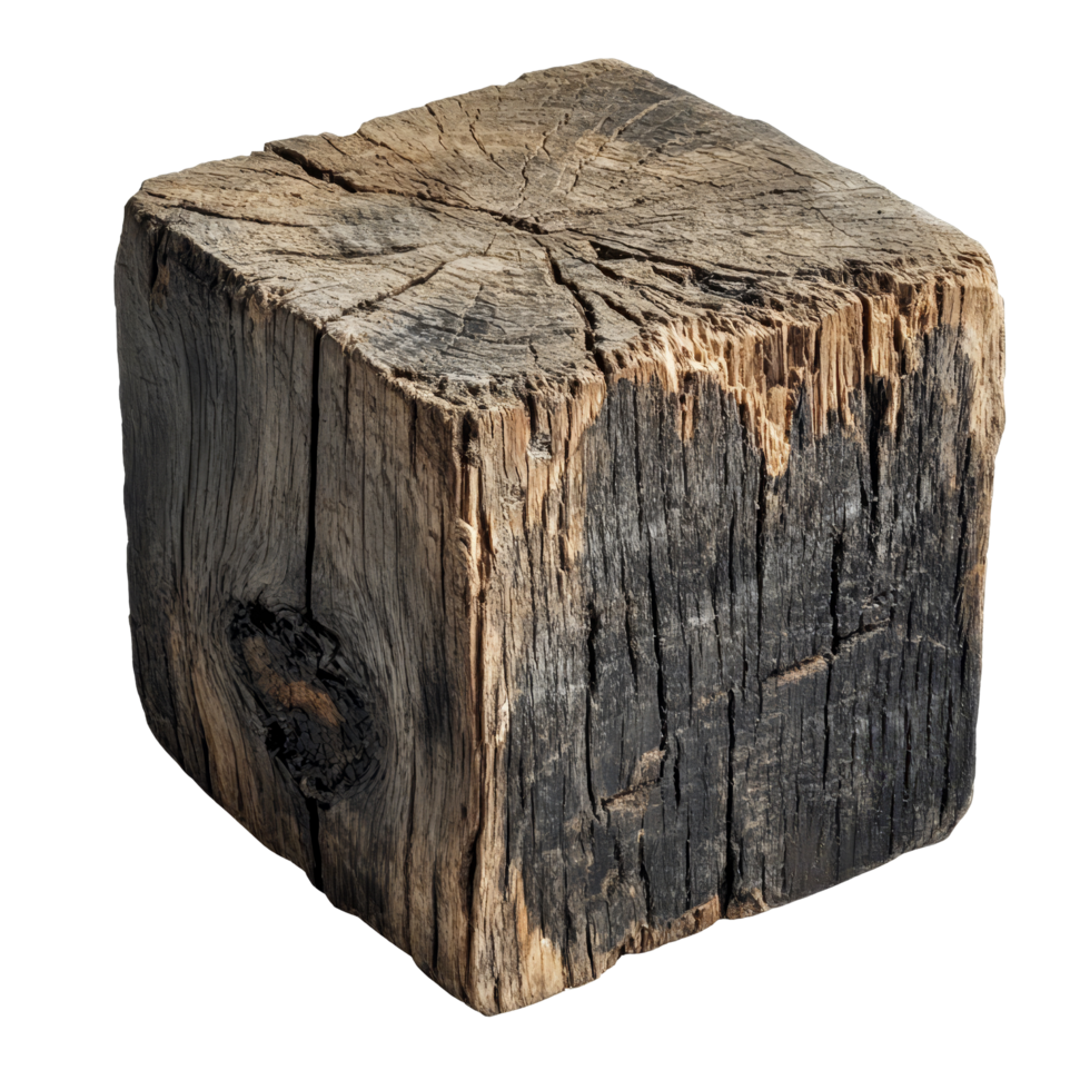 Old rotten wood block showing weathered texture, isolated on a transparent background for artistic and design applications, old rotten wood block isolated on transparent background png
