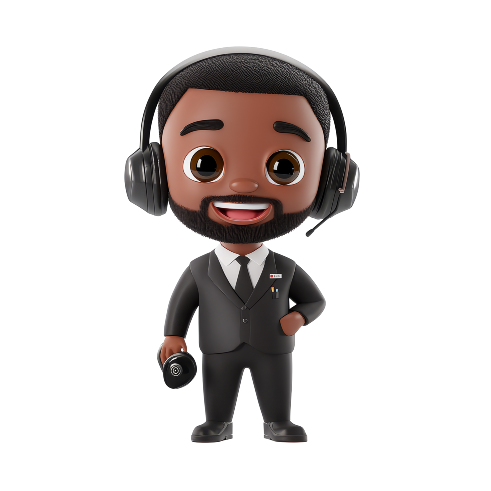 A cheerful black male call center character wearing a headset on a simple transparent background, 3D Black male call center character on transparent background png