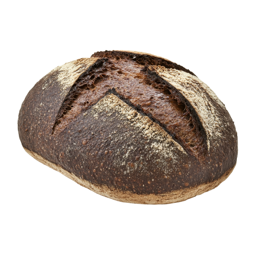 Freshly baked black rye Borodino bread with a rustic crust on a clean background, black rye borodino bread png