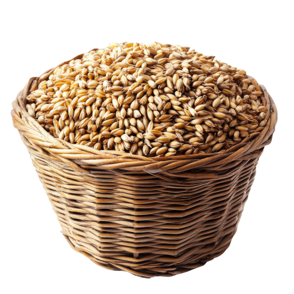Natural barley grains in a rustic basket on a transparent background showcasing their texture and color, Barley Grains in the basket on transparent background png