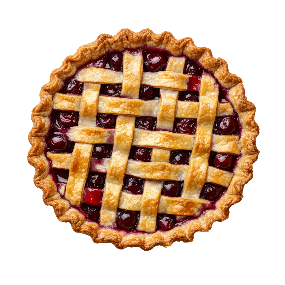 Aerial view of a freshly baked cherry pie with a golden lattice crust on a transparent background, Aerial view of cherry pie on transparent background png