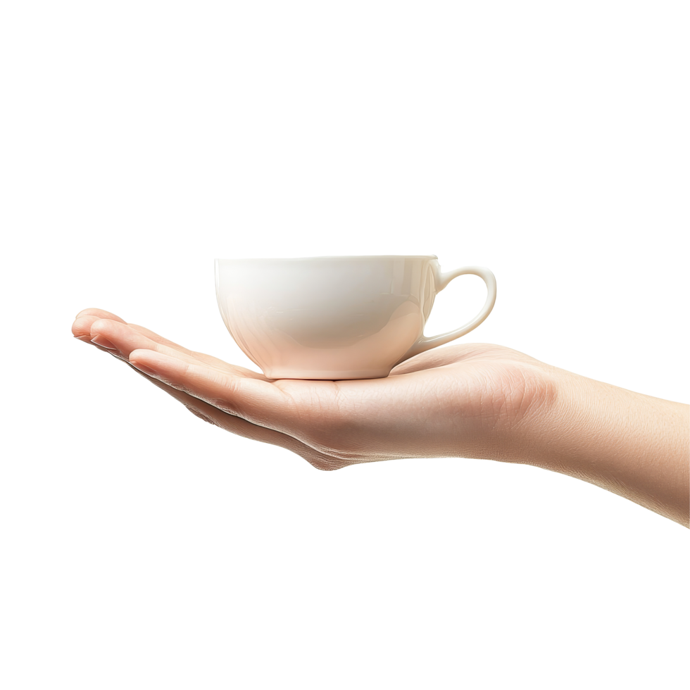 A hand extends outward, cradling a transparent cup in a delicate gesture against a plain background, Hand palm stretching out, cup shape, showing gesture, isolated on transparent background, png