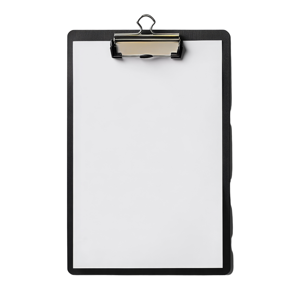 Black clipboard with a metal clip holding blank papers on a clean transparent background, Brown clipboard with clip at the top for papers png