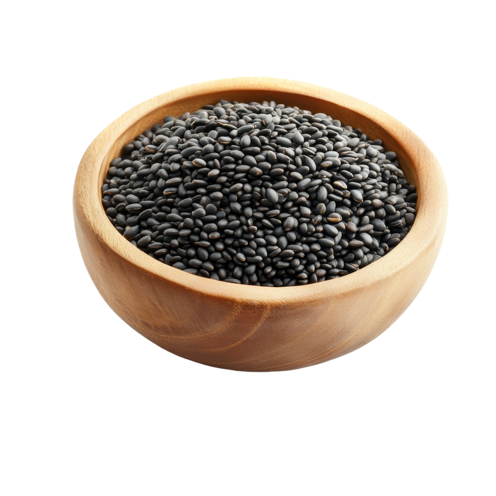 Black sesame seeds in a wooden bowl isolated on a transparent background for culinary use, black sesame isolated on transparent background png
