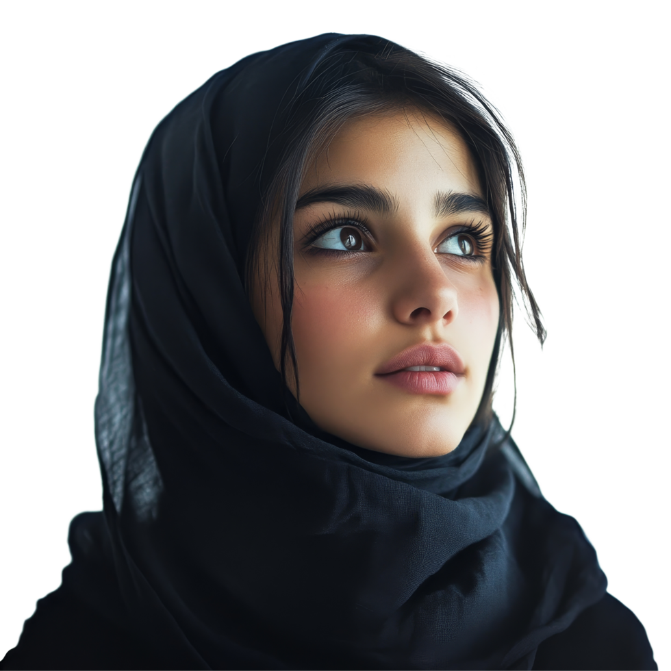 Young woman in a black scarf gazing thoughtfully against a transparent background in a serene setting, carissa isolated on transparent background png