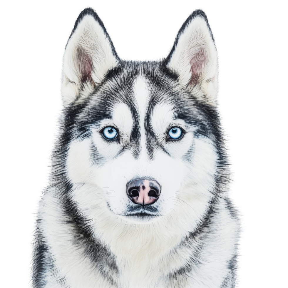 Siberian Husky with striking blue eyes captured against a bright transparent background showcasing its beautiful features, Siberian Husky on transparent background png