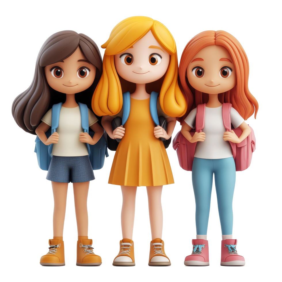Group of three cheerful student girls in colorful outfits with backpacks against a transparent background, Student Girls 3D Cartoon Character Group on transparent background png