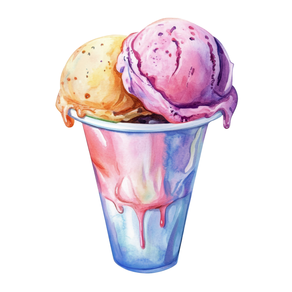 A vibrant watercolor illustration of ice cream in a cup on a clean transparent background, paper cup for coffee isolated on transparent background png