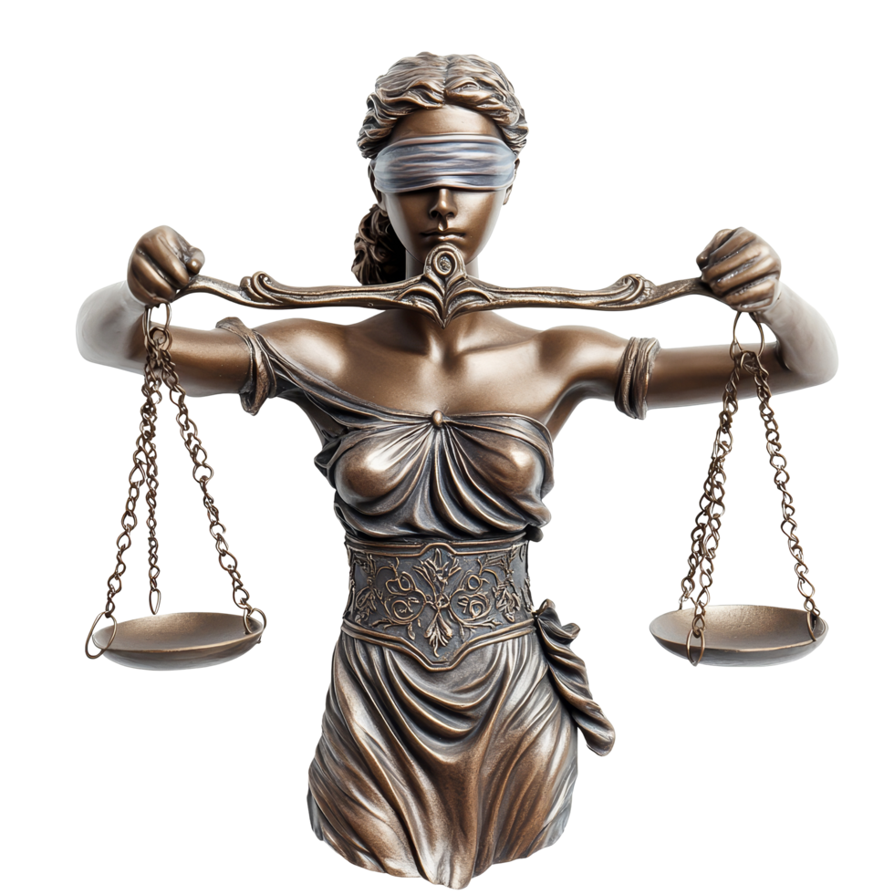 Blindfolded Lady Justice holding scales represents fairness and equality in law during the modern era, Lady Justice Blindfolded with Scales Symbol of Fairness on transparent background png