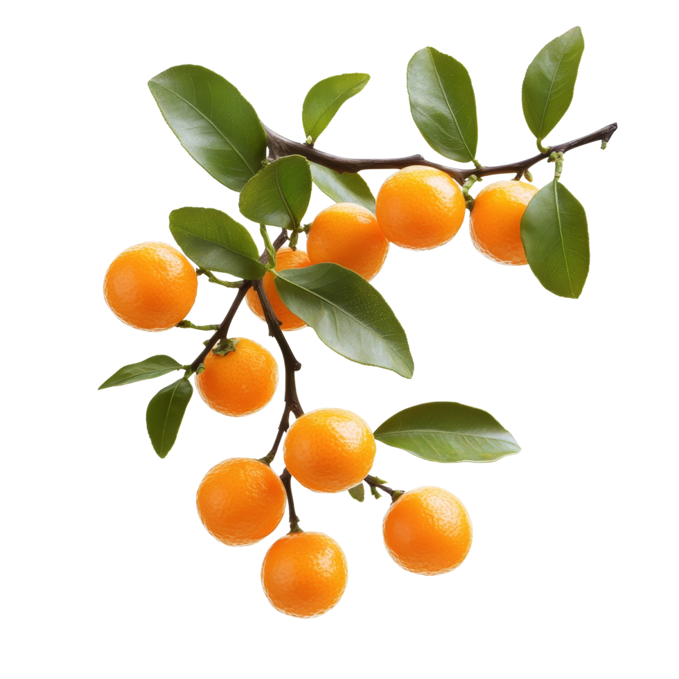 A beautiful orange tree branch with ripe fruit and green leaves isolated against a clean transparent background, orange tree branch isolated on transparent background png