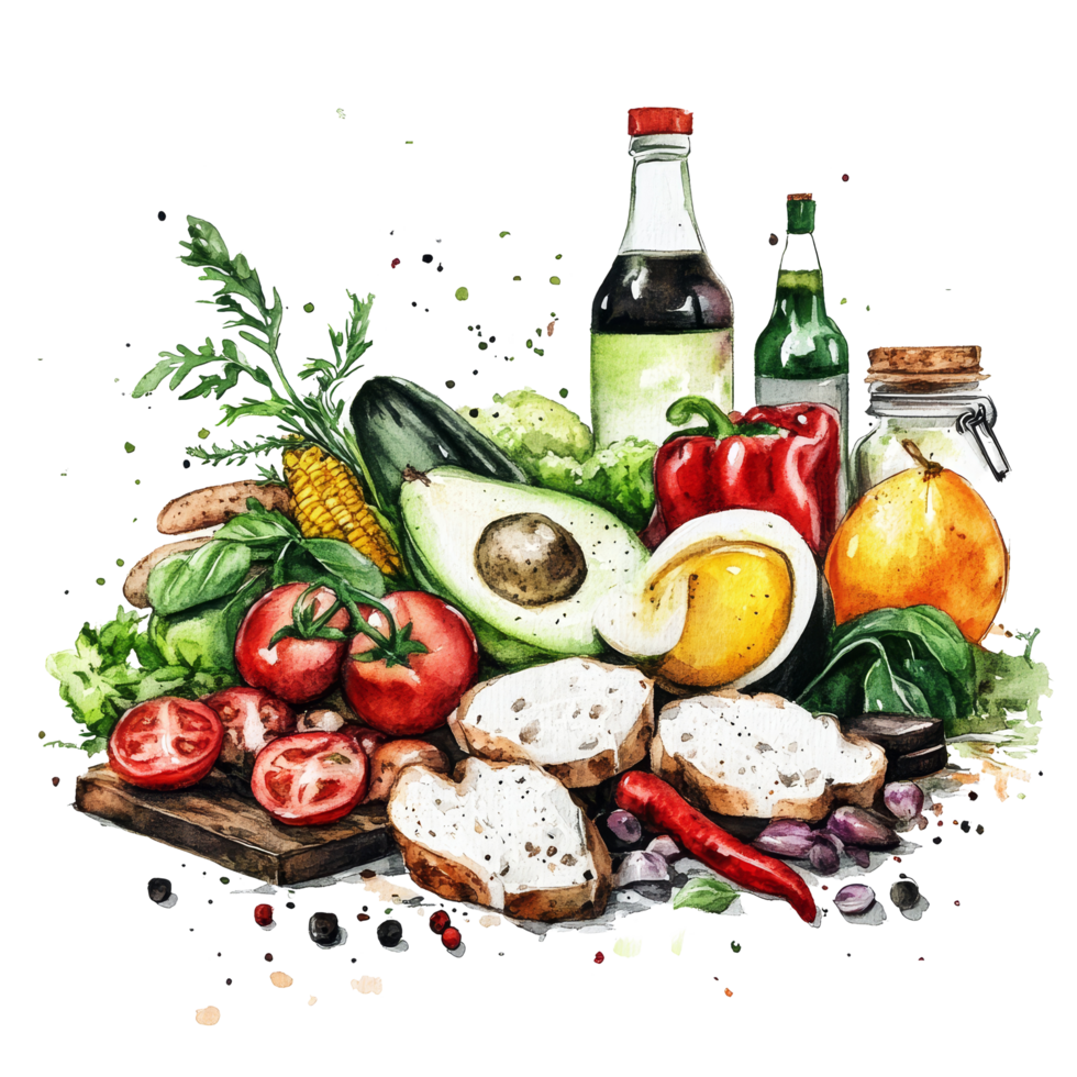 A colorful watercolor illustration of fresh vegetables, fruits, and condiments with a transparent background, Watercolor Christmas Cup Illustration on transparent background png
