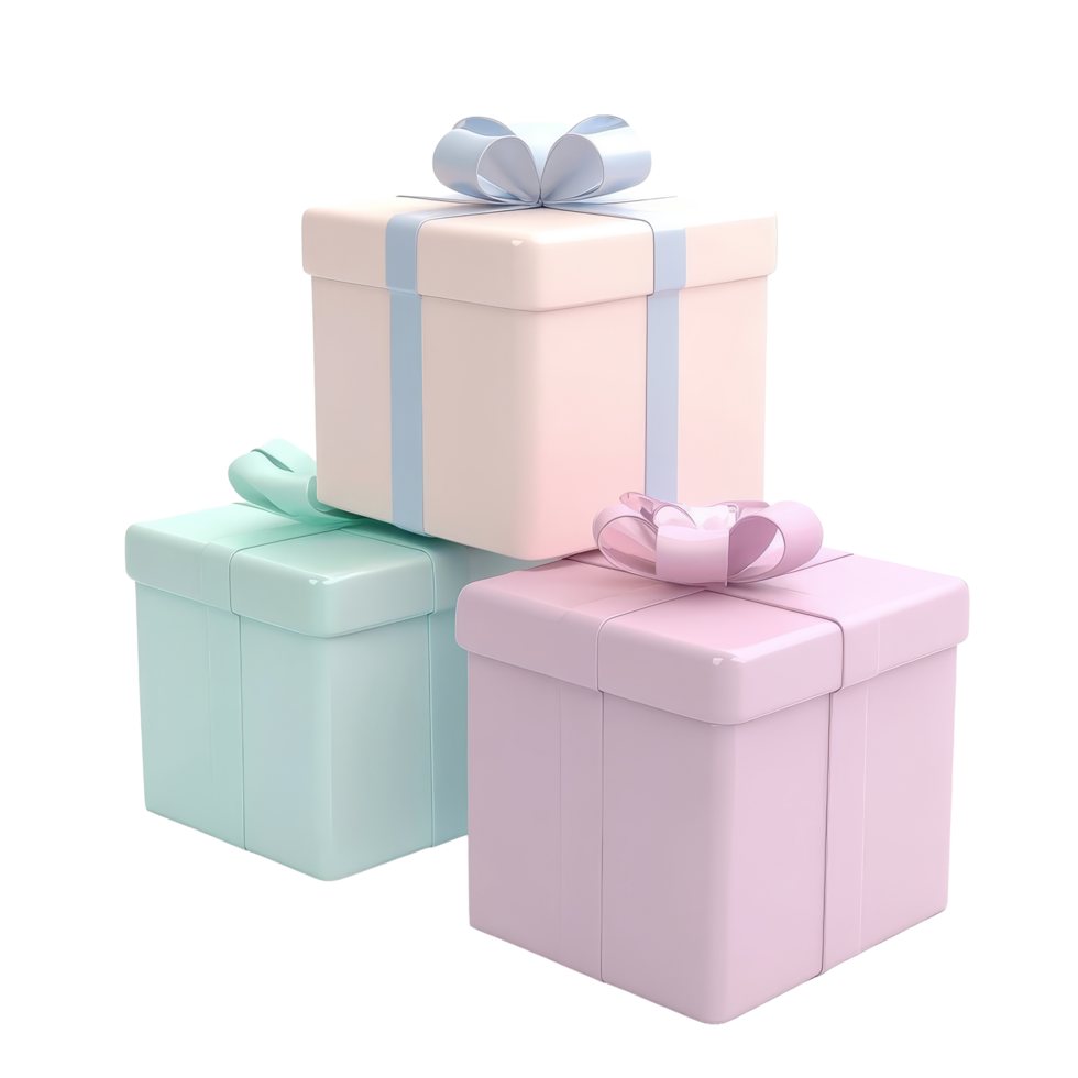 Three pastel gift boxes with bows arranged on a transparent background for a festive occasion, 3 Gift boxes 3d render pastel color isolated on transparent background png