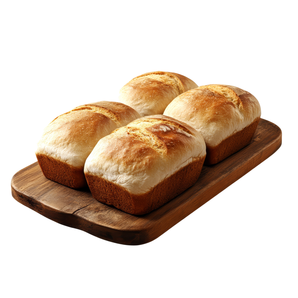 Three freshly baked loaves of transparent bread displayed on a wooden board for a rustic kitchen setting, three loafs of transparent bread on a board png