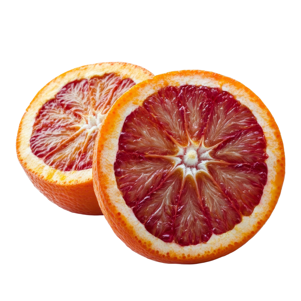 Sliced red blood orange showcasing vibrant color and texture on a clean transparent background, red blood orange on transparent background png