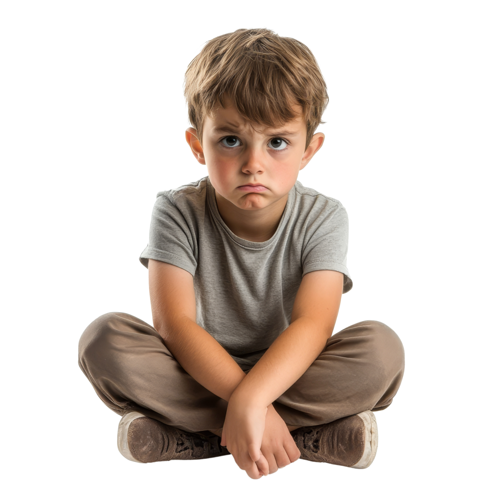 Sad boy sitting on the floor with crossed arms, expressing his frustration and discomfort in a bright, sad kid boy in a bad mood or sick and has problems, file of isolated object on transparent png