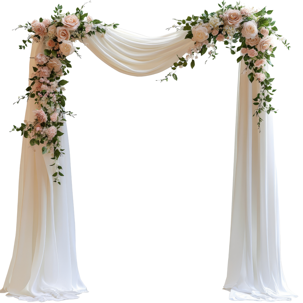 Elegant draped wedding arch adorned with spring flowers in a serene outdoor setting, Draped wedding arch with spring flowers and transparent fabric isolated on transparent background png