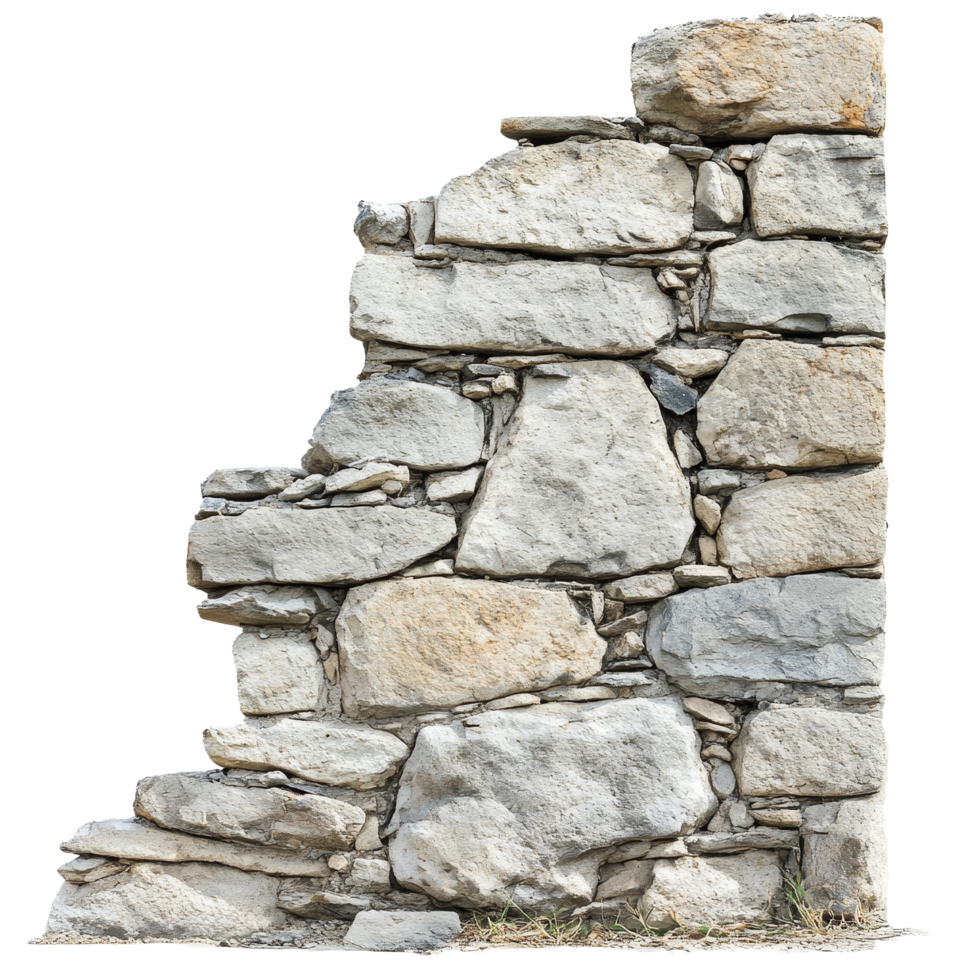 A damaged stone wall fragment against a transparent background highlighting the texture and structure of the stones with a hue, damaged orbroken stone wall,transparent background png