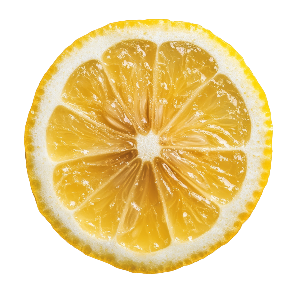 A bright lemon slice is presented against a pure transparent background, highlighting its juicy texture and fresh appearance, lemon slice isolated png