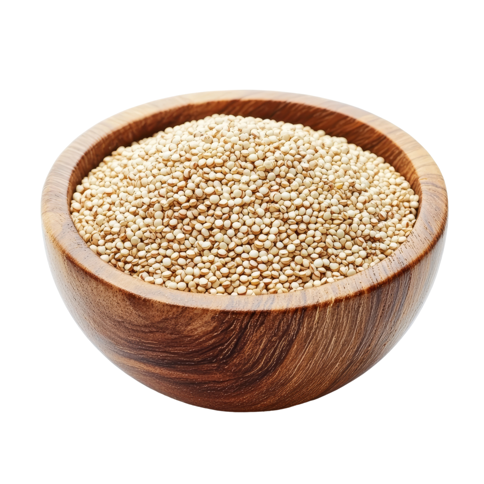 Quinoa seeds in a wooden bowl on a transparent background highlighting their natural texture and color, Quinoa seeds in wood bowl isolated on transparent background png