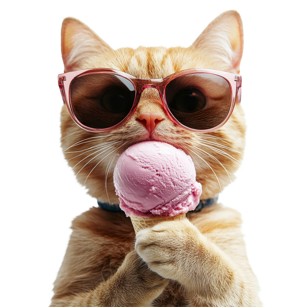 A funny cat enjoys a pink ice cream cone while wearing stylish sunglasses on a sunny day, Funny cat wearing sunglasses, licking ice cream, transparent background png