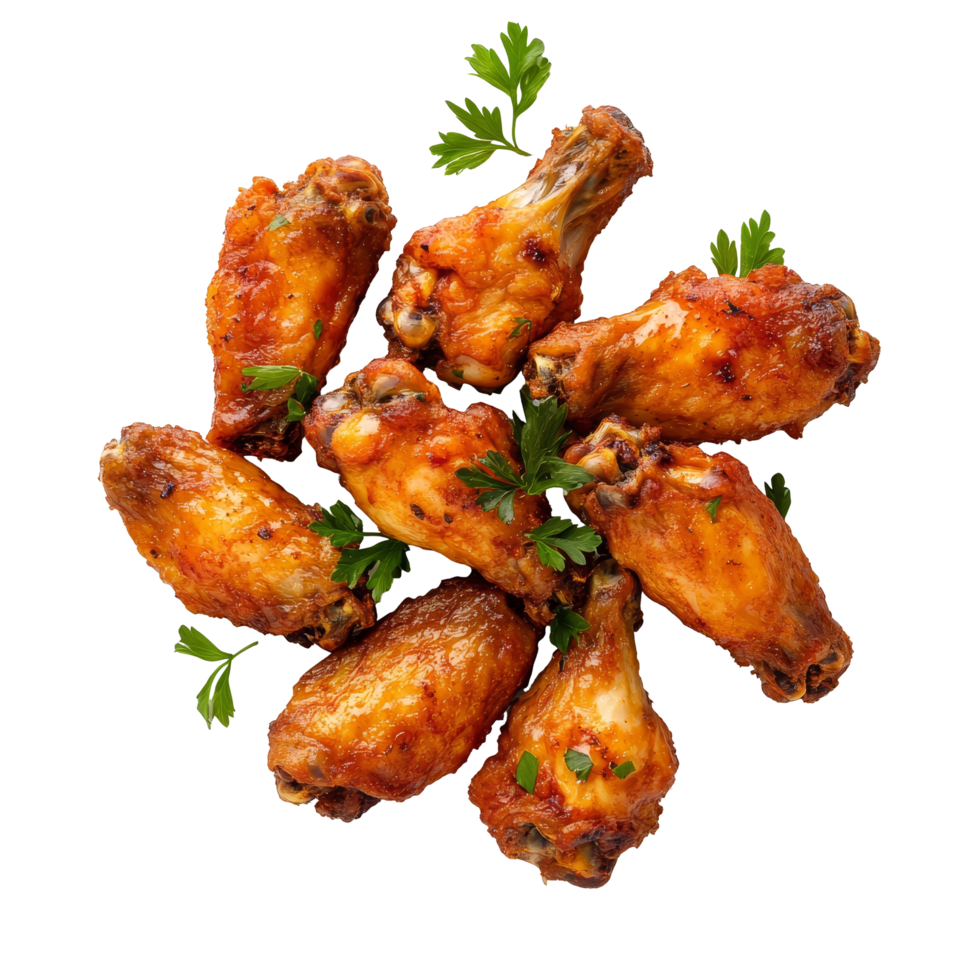 Deliciously prepared chicken wings arranged beautifully on a clean transparent background with fresh parsley, Tasty chicken wings on a transparent background png