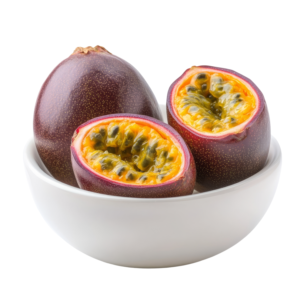 Fresh passion fruit in a transparent bowl isolated on a clean transparent background showcasing vibrant colors and textures, passion fruit in transparent bowl isolated on transparent background png