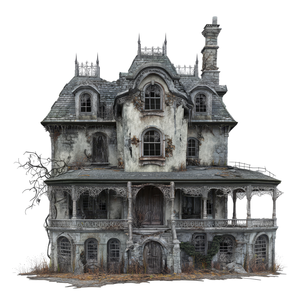 Exploring an eerie abandoned mansion ideal for Halloween in a haunting landscape, abandoned dilapidated house mansion for halloween, file of isolated object on transparent background png