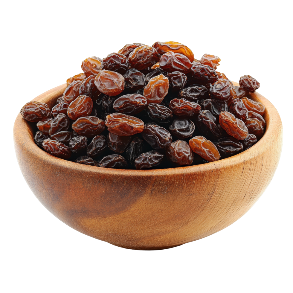 Bowl filled with assorted raisins displaying rich textures and earthy colors, Bowl of raisin isolated png