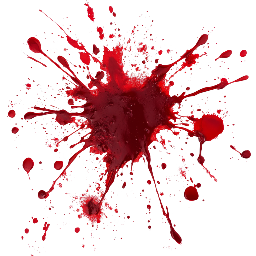 Blood splatter on a transparent background showcasing vibrant red tones and chaotic patterns, Blood Splatter On transparent background png