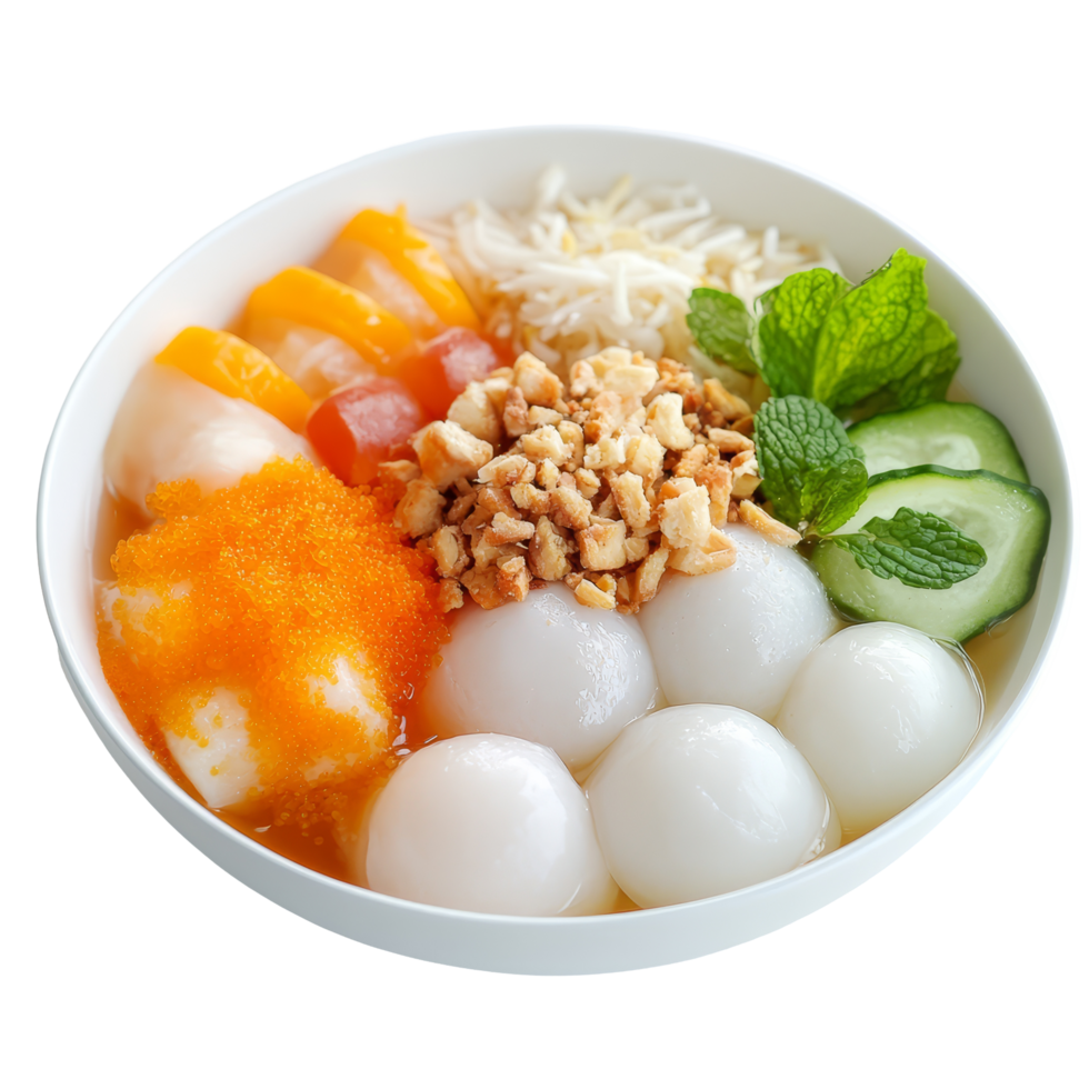 Delicious Thai dessert in a transparent bowl, featuring colorful ingredients and elegant presentation on a soft backdrop, thai dessert in the transparent bowl on transparent background png