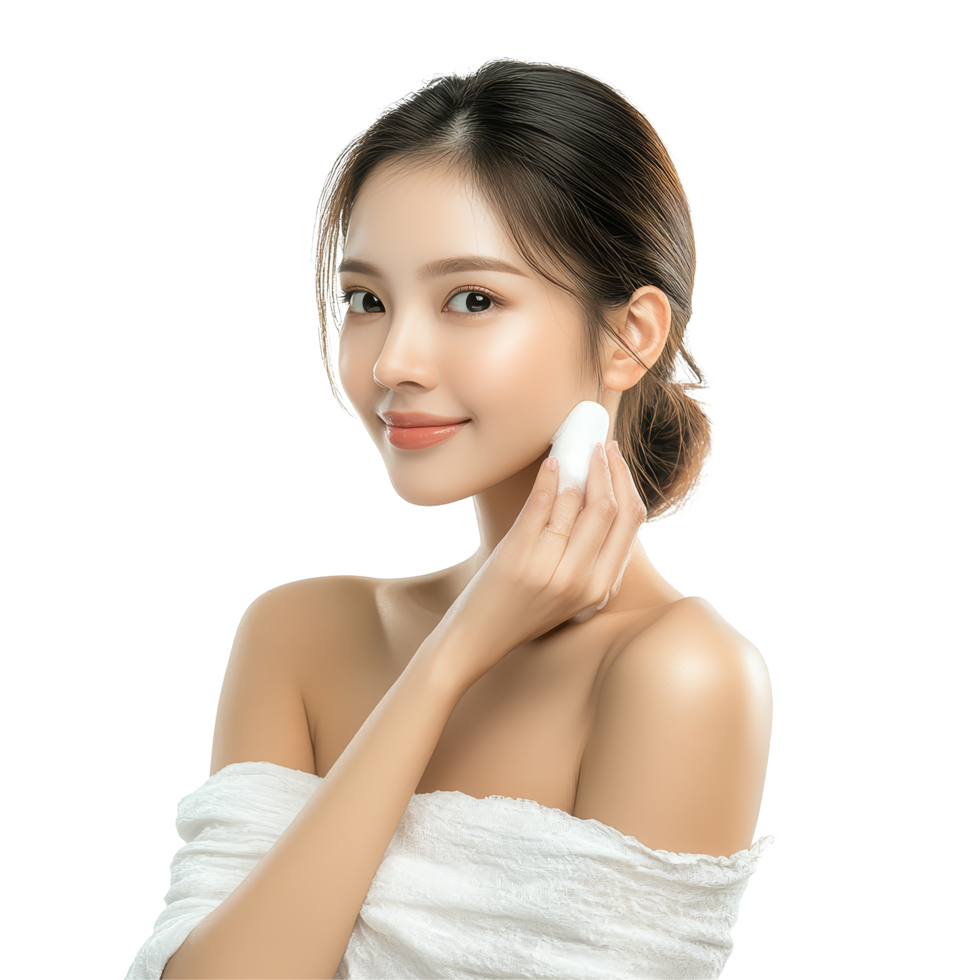 Beautiful young Asian woman applying lotion in a bright studio setting for skincare routine, Studio shot Beautiful young Asian woman applying lotion on shoulder isolated transparent background png